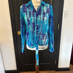 Blue Tie-Dye Button-Up Women's Sheer Top